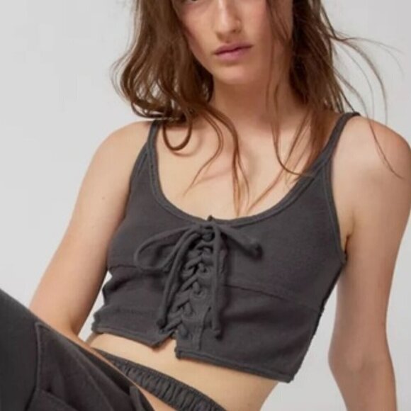 NWT UO Out From Under Jayce Washed Black Lace Up Lounge Tank Top - Picture 6 of 6